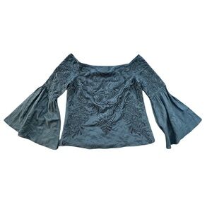 Intermix Boho Silk Black Embroidered Angel Sleeves Peasant Blouse Women’s Small